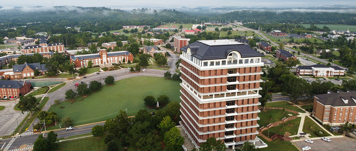 Aerial view of the JSU campus, with Houston Cole Library in the foreground