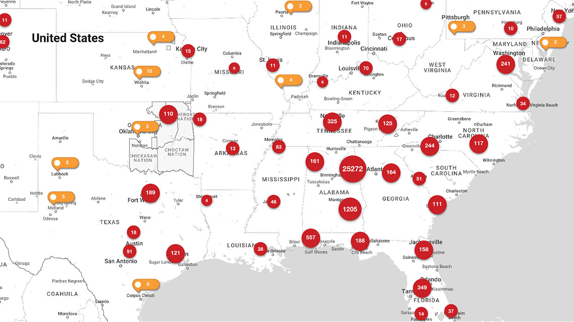 A map of the Southern United States that is dotted with the number of Jax State Alumni in each of the areas.