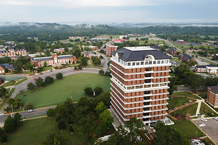 Aerial view of campus with the Houston Cole Library and Angle Hall in the foreground