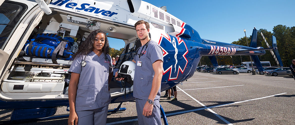 Nursing students with helicopter