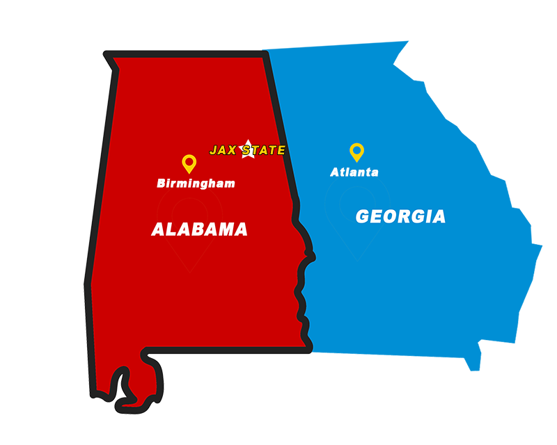 Map depicting Alabama and Georgia, with Jacksonville State University, Birmingham, and Atlanta marked