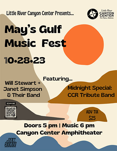 May's Gulf Music Fest logo flyer depicting a vibrant sunset reflected in blue water