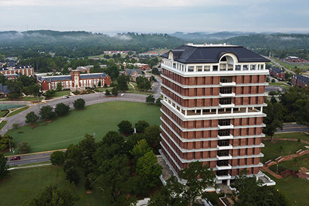 Aerial photo of campus with library in foreground