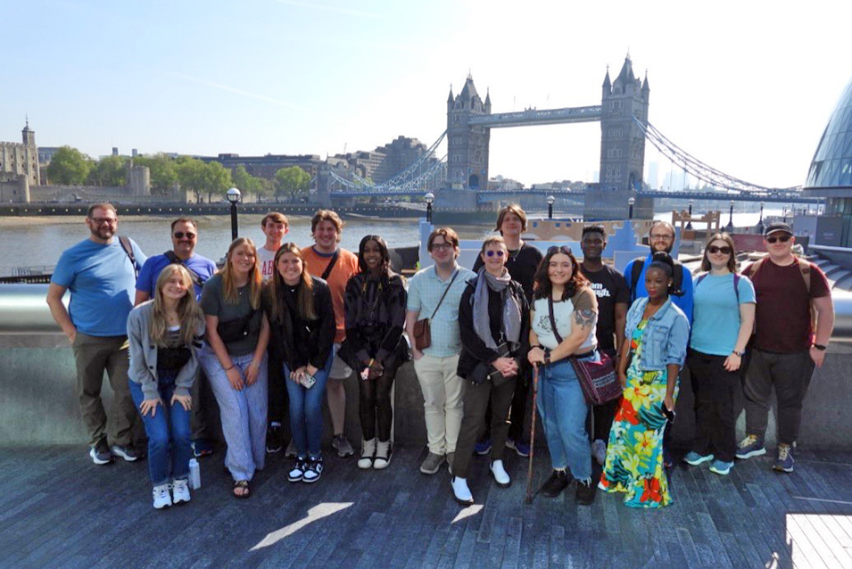 JSU students and faculty in front of the Tower Bridge in London.