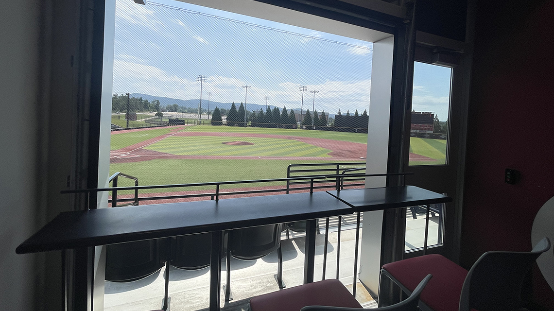 The view of Rudy Abbott Field from a suite at Jim Case Stadium
