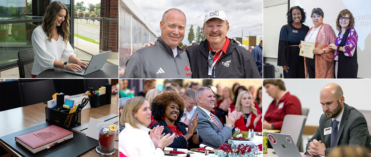 A collage of JSU employees engage in a variety of activities-- working at their computers, participating in ceremonies, attending JSU holiday events, and celebrating accomplishments.