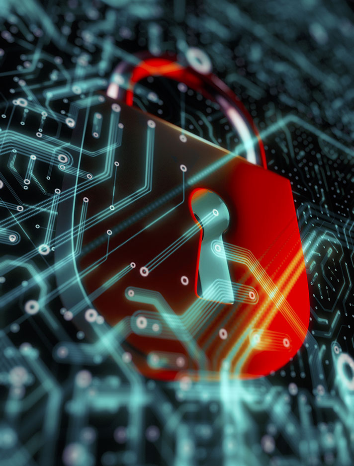 cyberattack graphic featuring a computer motherboard and a red lock 