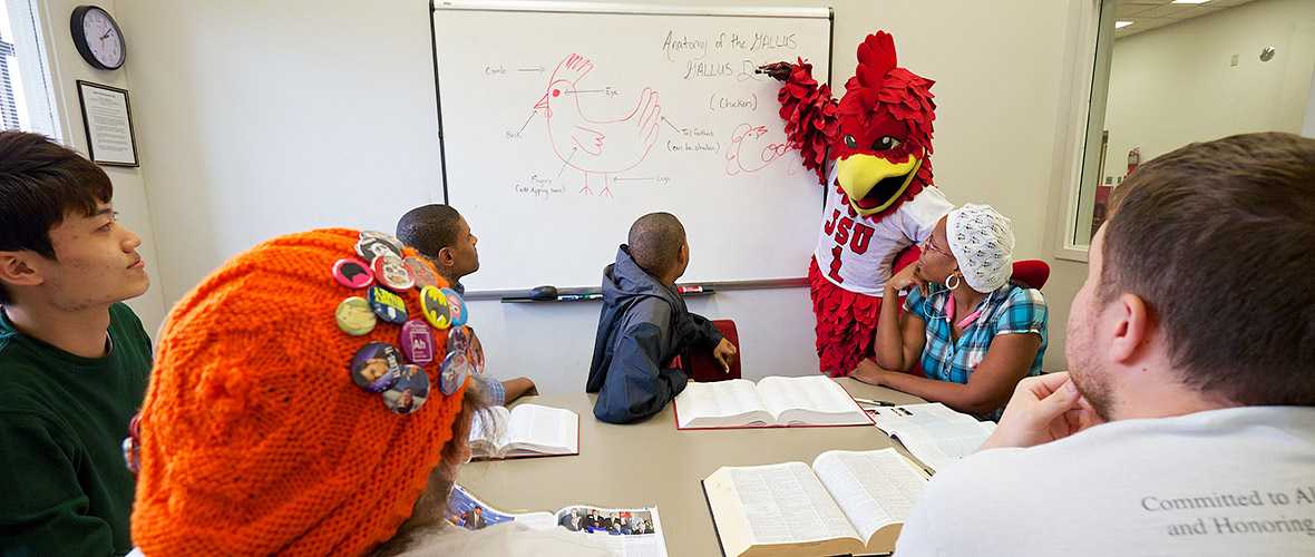 Cocky and Students in a Group Study Room