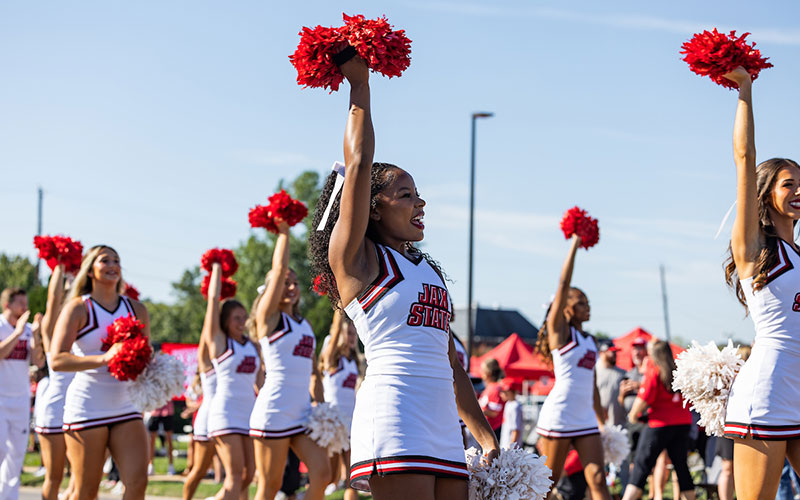 The Jax State Cheerleaders in the 2024 Homecoming Parade. (JSU Photo)