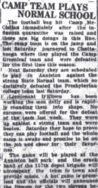 Illustration 6- A clipping from the Nov. 13, 1918 Anniston Star newspaper, announcing a return to football as the Camp McClellan Team takes on the State Normal School team.
