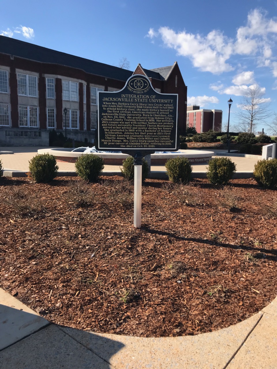 A historic marker commemorating the integration of JSU is installed in front of Angle Hall.