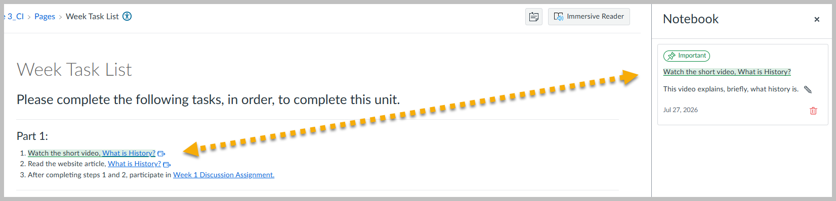 Highlighted text on the page. It also appears on the Notebook panel.