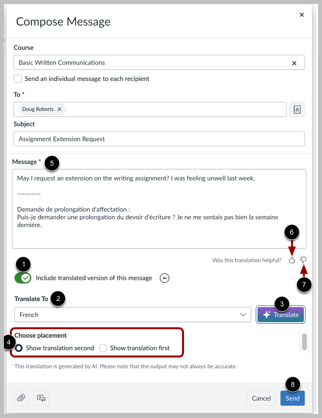To include translations in an Inbox message, click the Include translated version of this message toggle on [1]. Select the preferred language [2], then click the Translate button [3]. Choose whether to display the translation first or second [4].