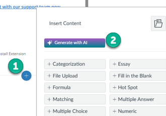Plus sign icon with a number 1 and a Generate with AI button with a number 2.