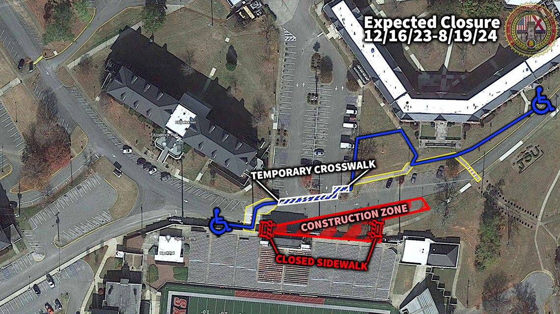 The sidewalk along Trustee Street adjacent to JSU Stadium will be temporarily closed. The expected closure will begin on Thursday, December 14th, 2023, and end in August 2024.