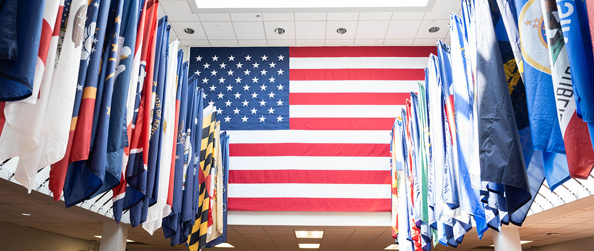 The American flag displayed in Rowe Hall