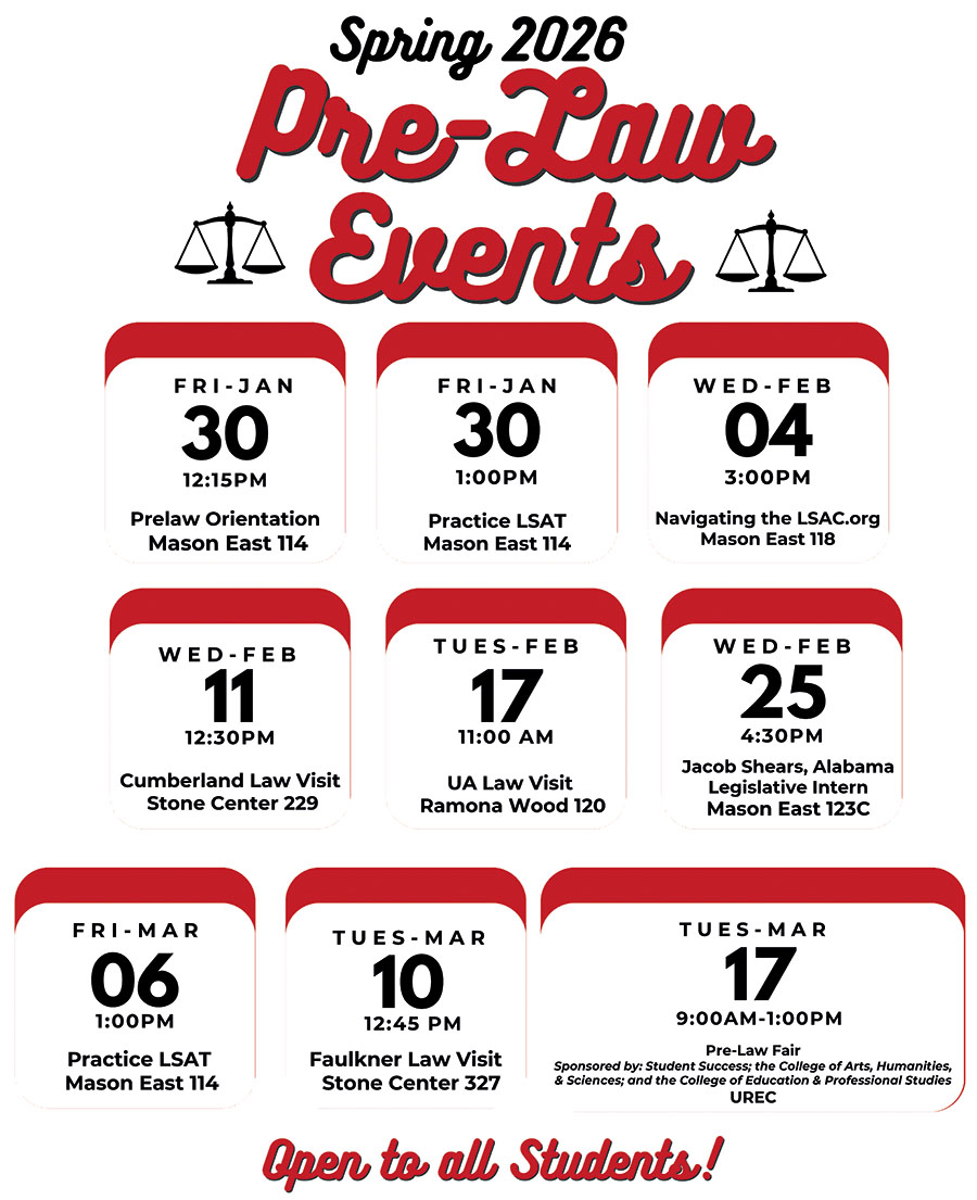 Spring 2026 Pre Law Events Flyer