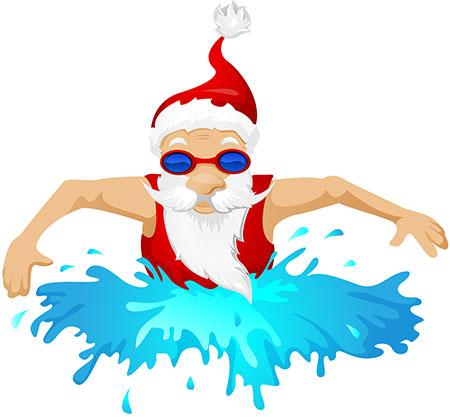 Cartoon image of Santa, wearing swim goggles, doing the breastroke