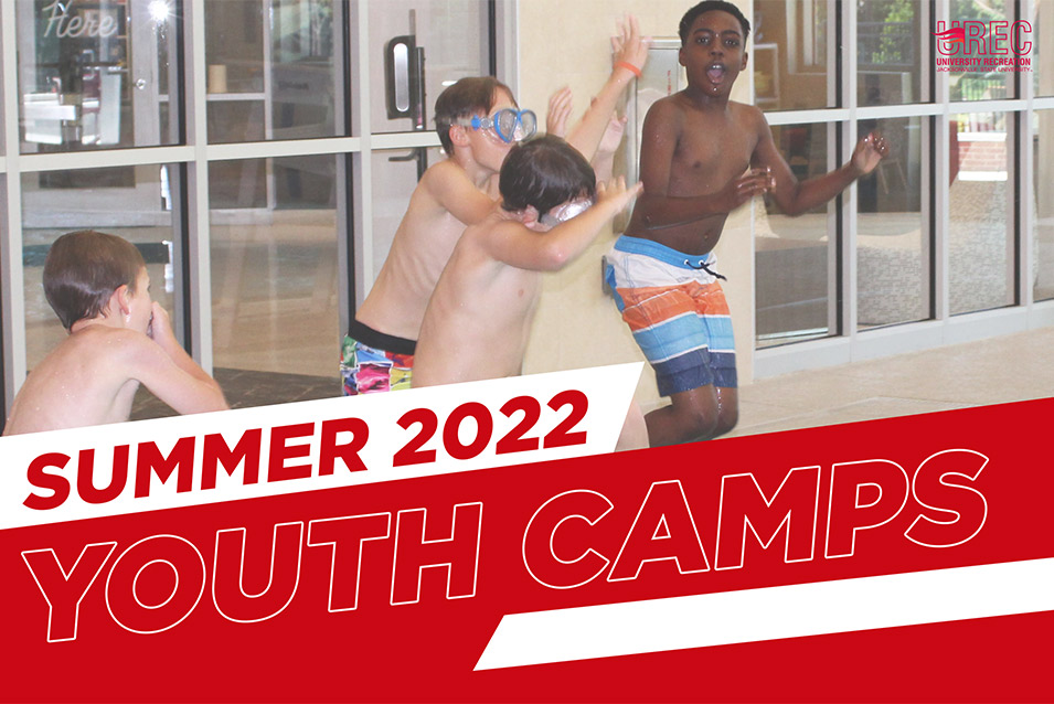 Summer Youth Camp Graphic depicting young boys jumping into the pool at the Rec Center
